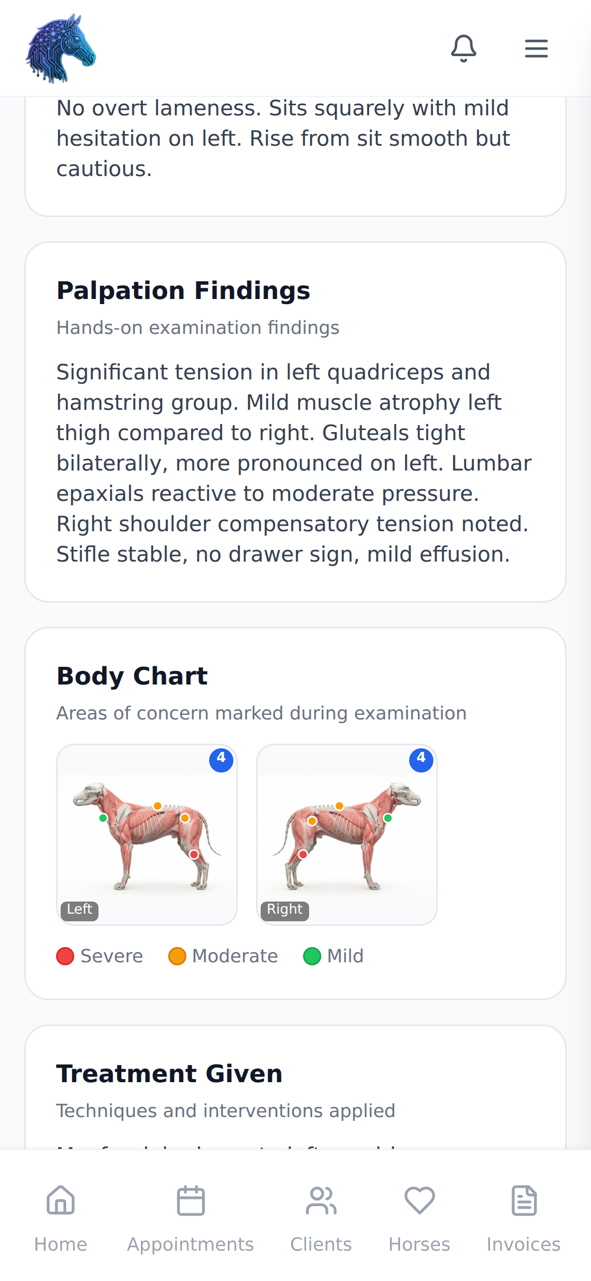 Canine body chart and clinical notes screen
