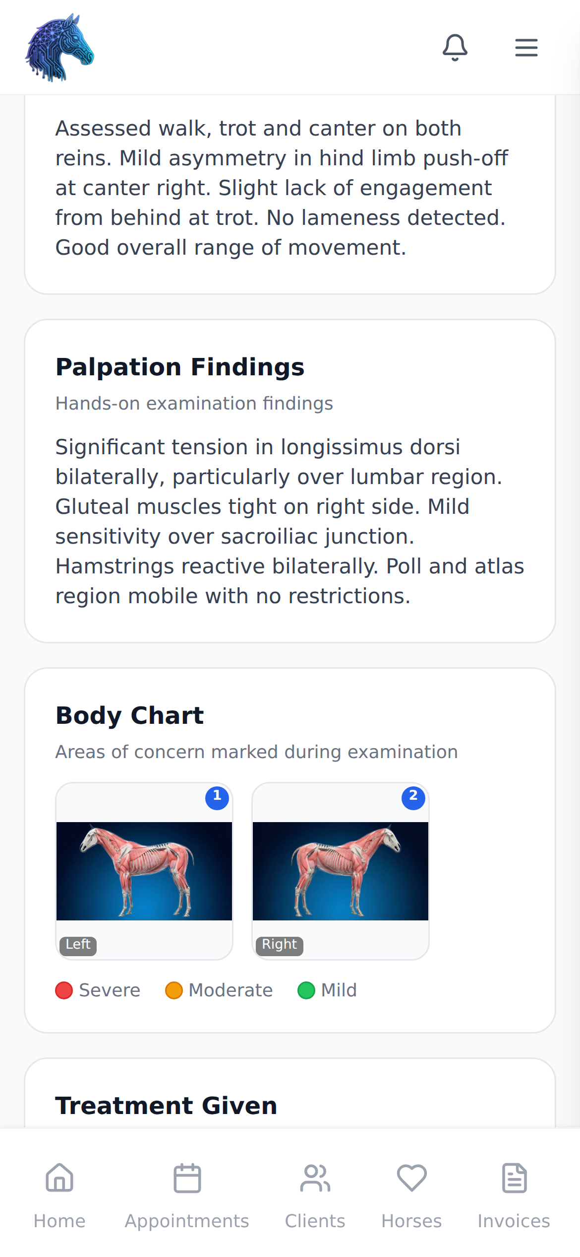 Body chart and clinical notes screen