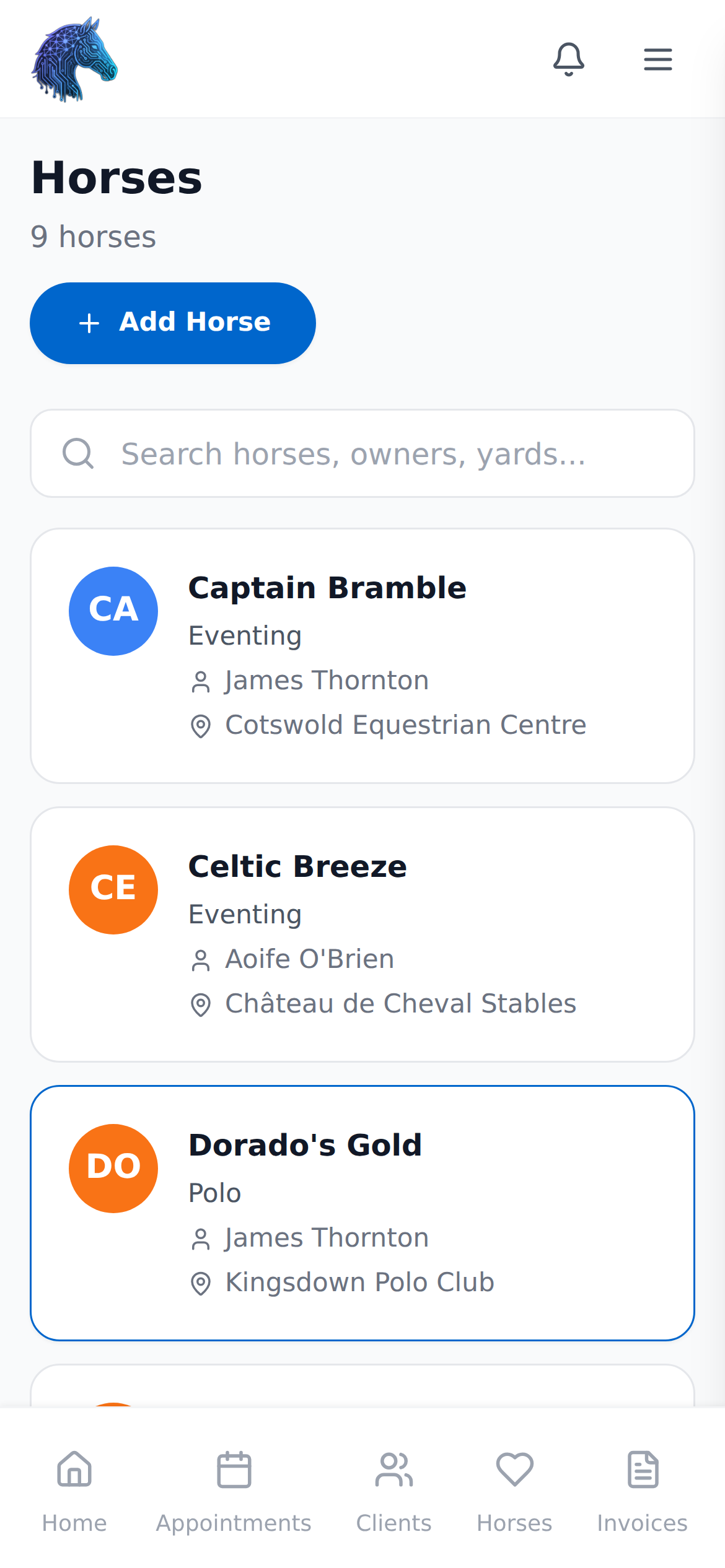 Equine Practitioner app — horses list
